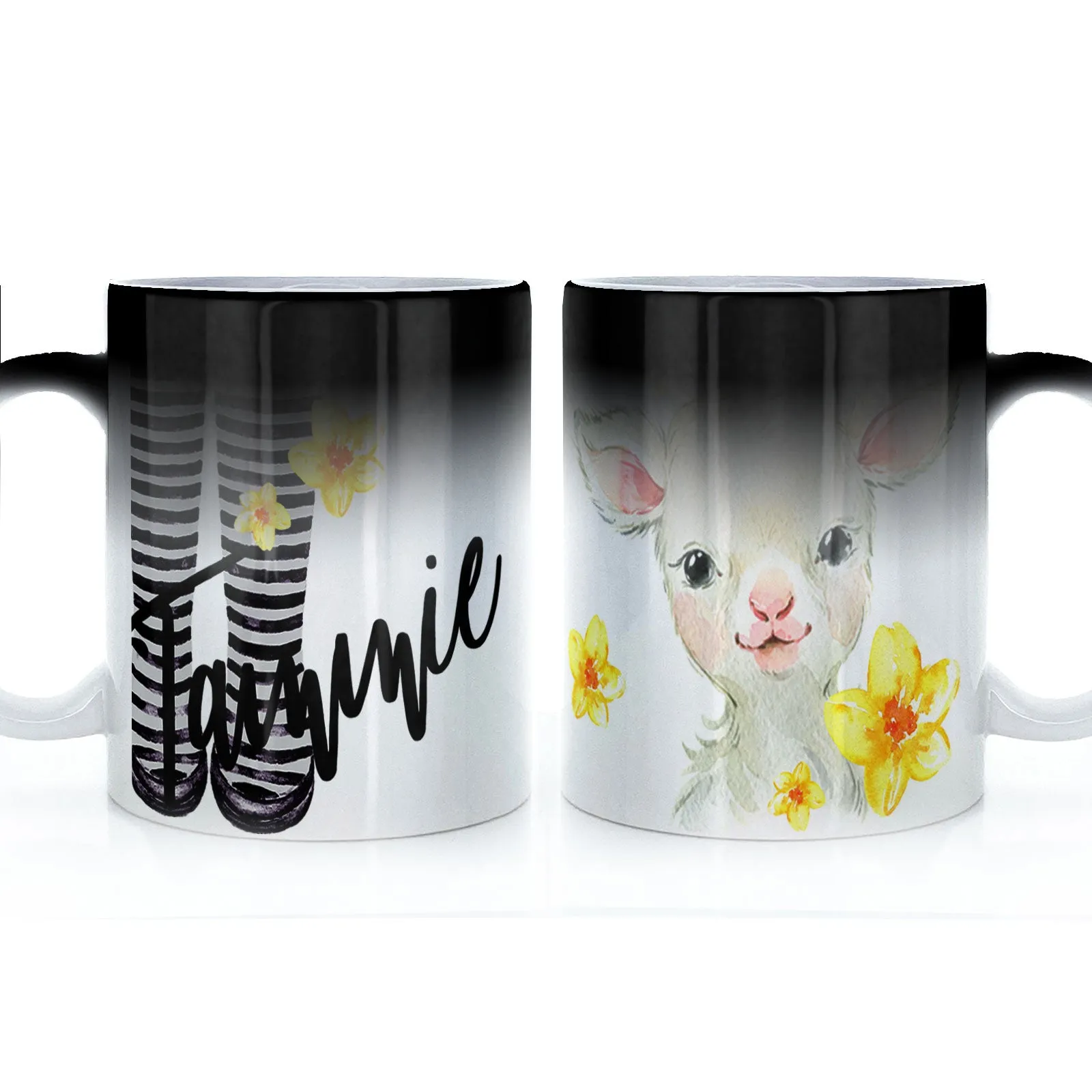 Personalised Mug with Stylish Text and Yellow Flower Lamb & Black Striped Wellies