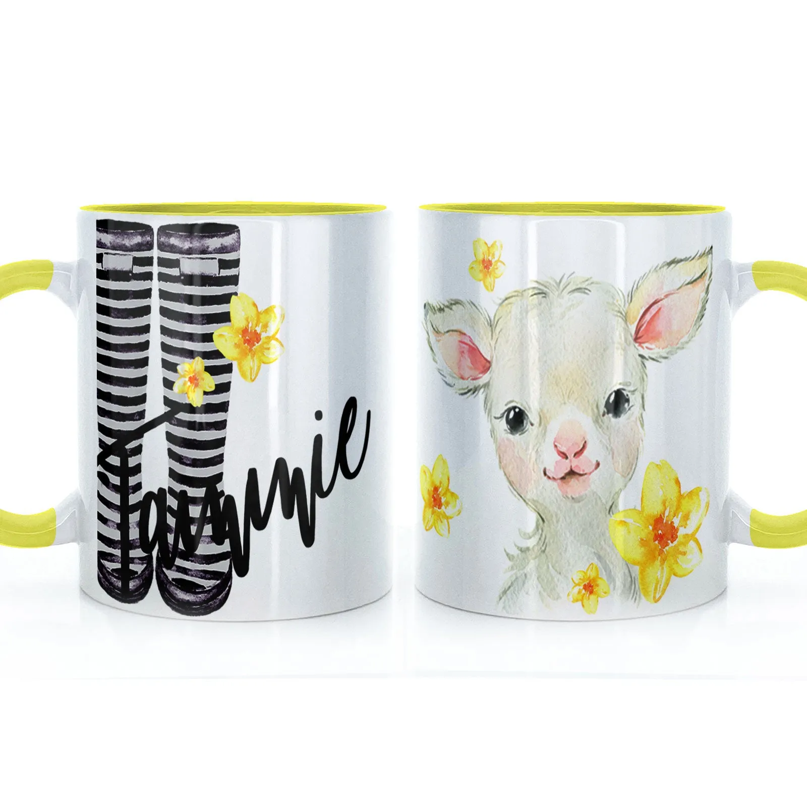 Personalised Mug with Stylish Text and Yellow Flower Lamb & Black Striped Wellies
