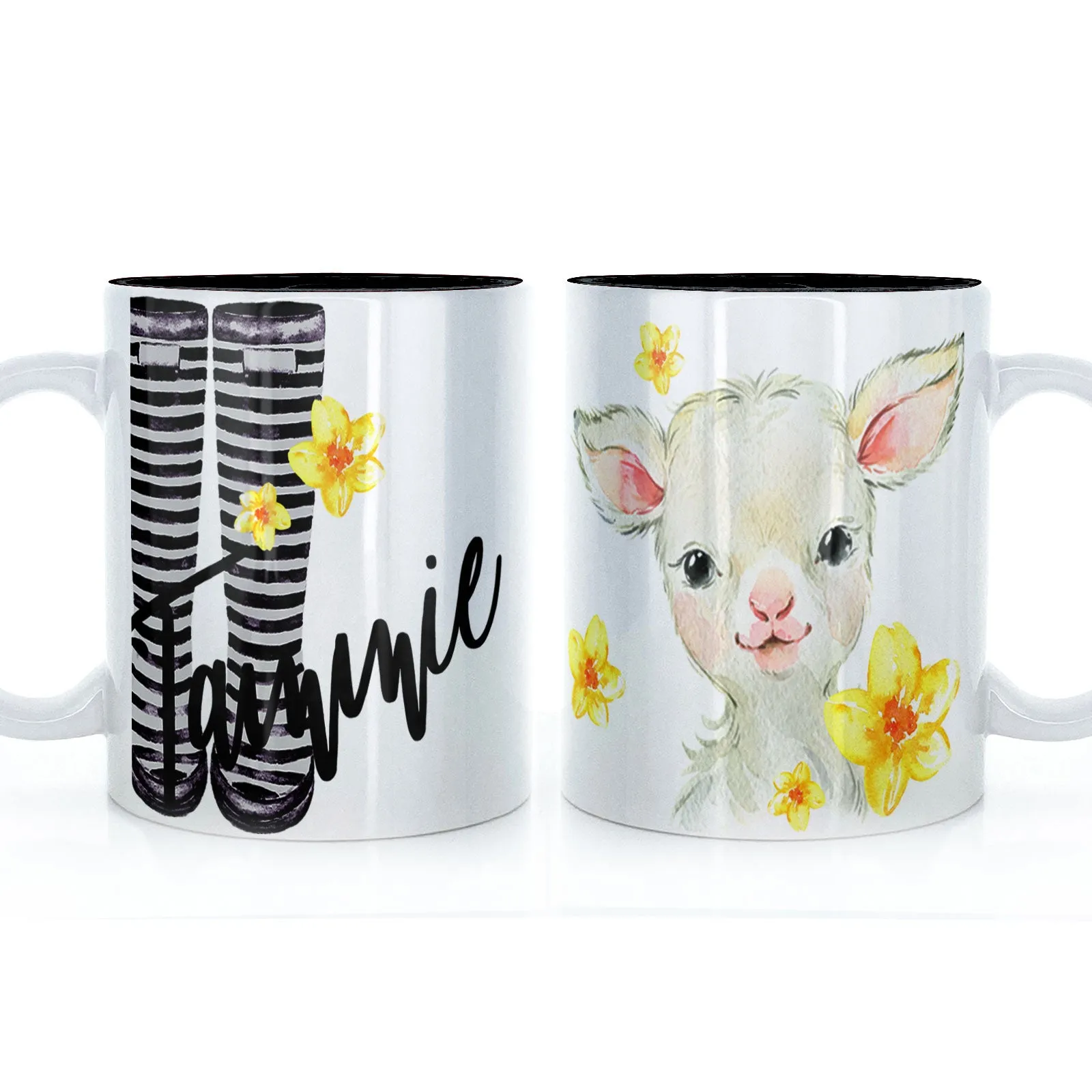 Personalised Mug with Stylish Text and Yellow Flower Lamb & Black Striped Wellies