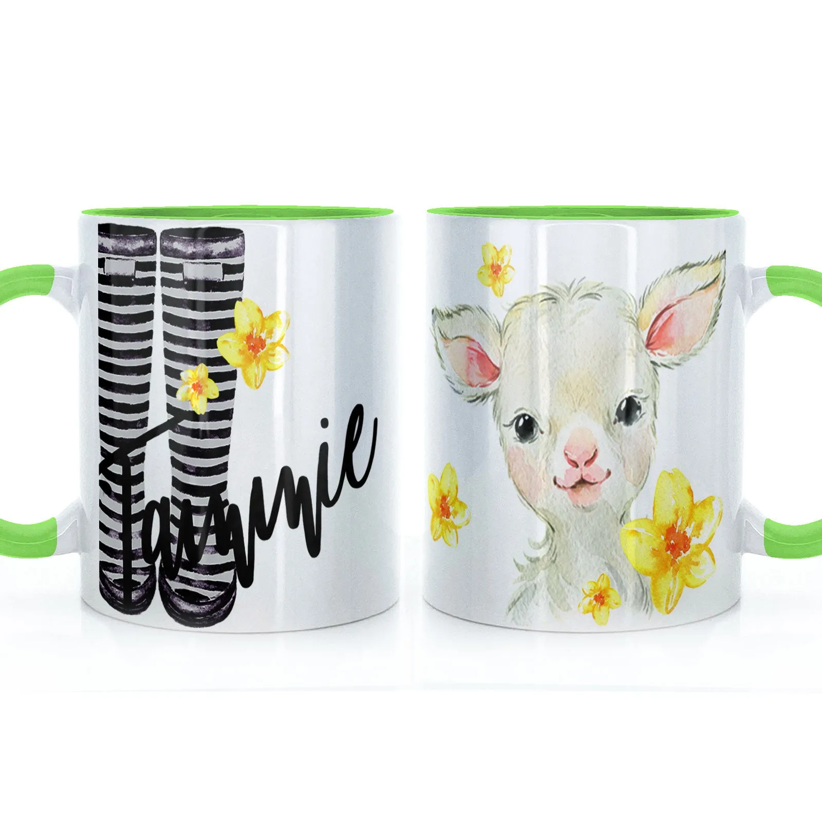 Personalised Mug with Stylish Text and Yellow Flower Lamb & Black Striped Wellies
