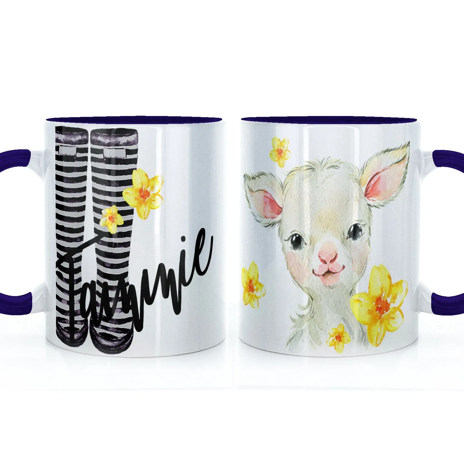 Personalised Mug with Stylish Text and Yellow Flower Lamb & Black Striped Wellies