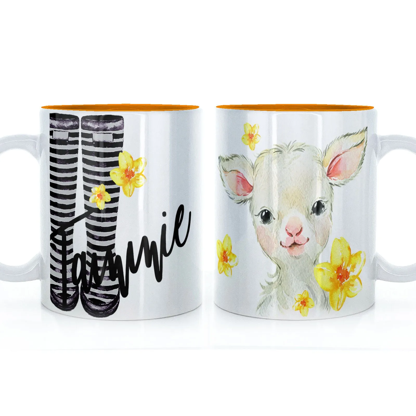 Personalised Mug with Stylish Text and Yellow Flower Lamb & Black Striped Wellies