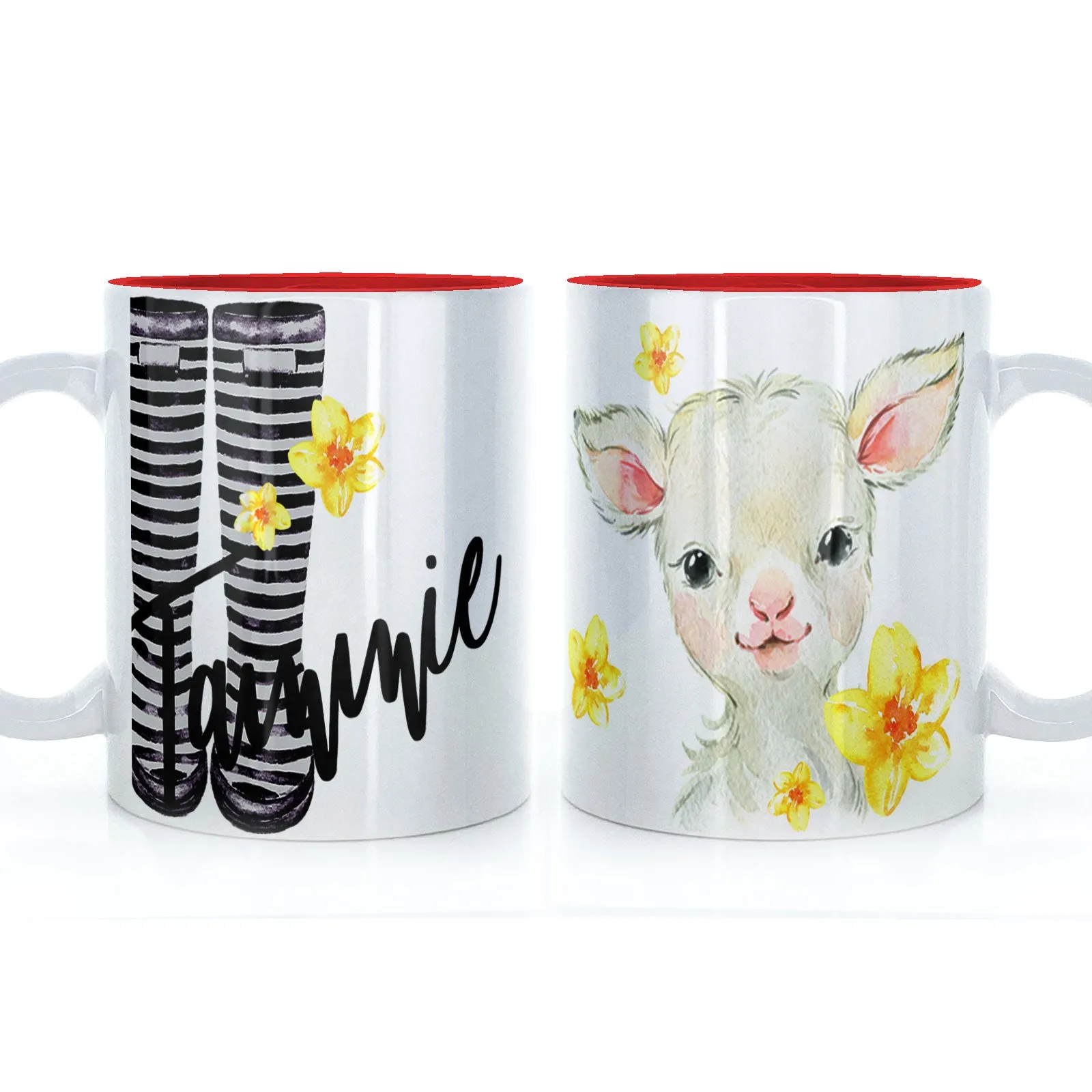 Personalised Mug with Stylish Text and Yellow Flower Lamb & Black Striped Wellies