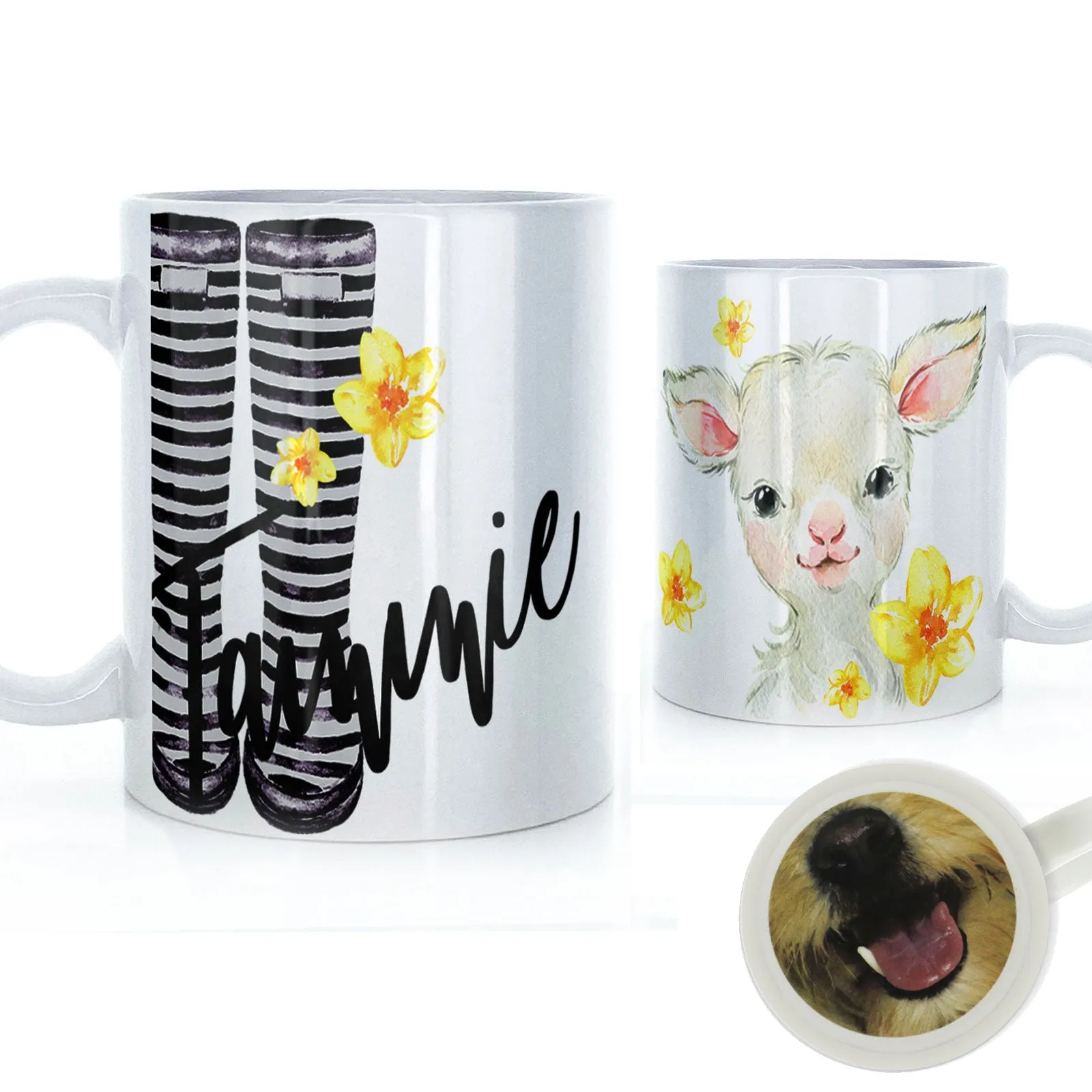 Personalised Mug with Stylish Text and Yellow Flower Lamb & Black Striped Wellies