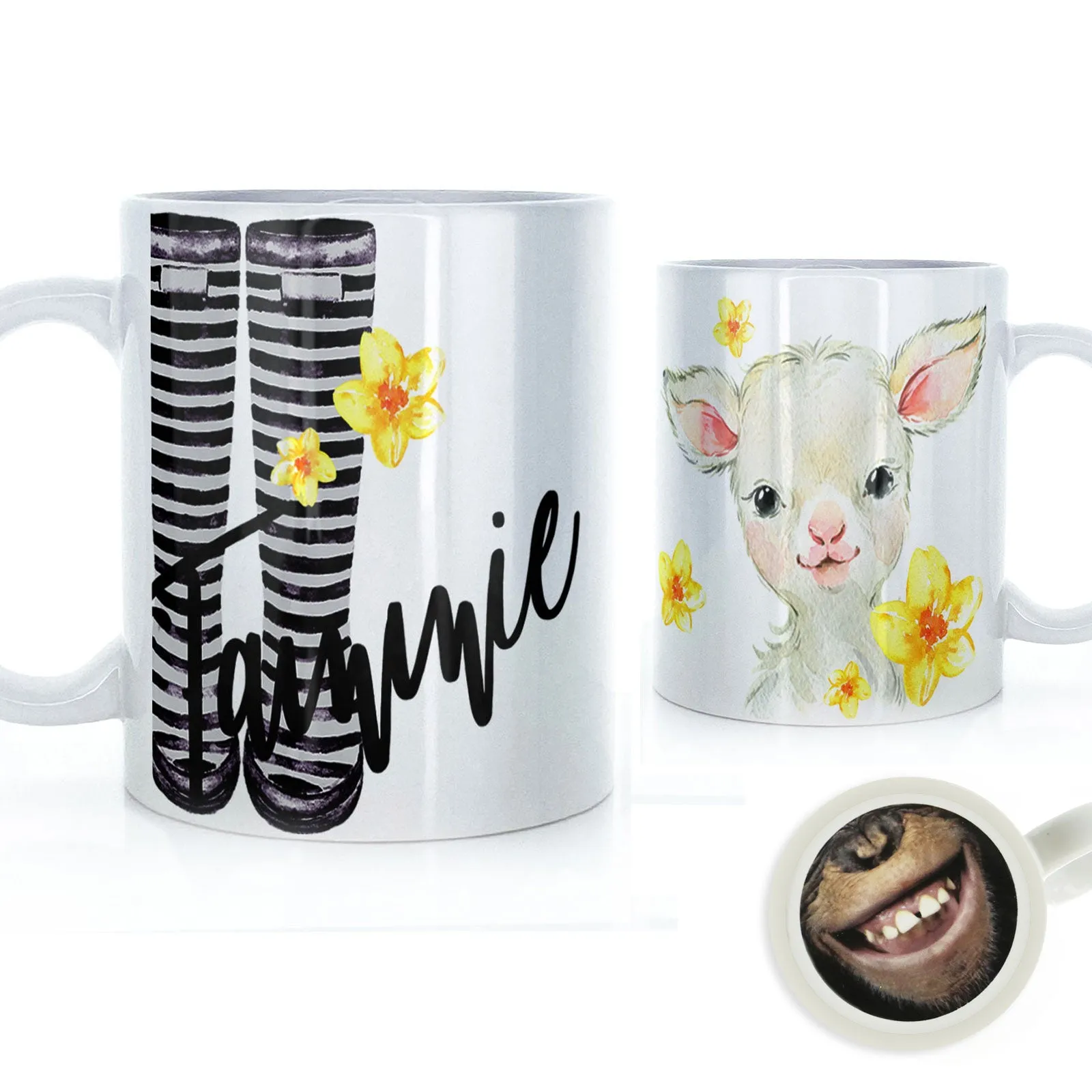 Personalised Mug with Stylish Text and Yellow Flower Lamb & Black Striped Wellies