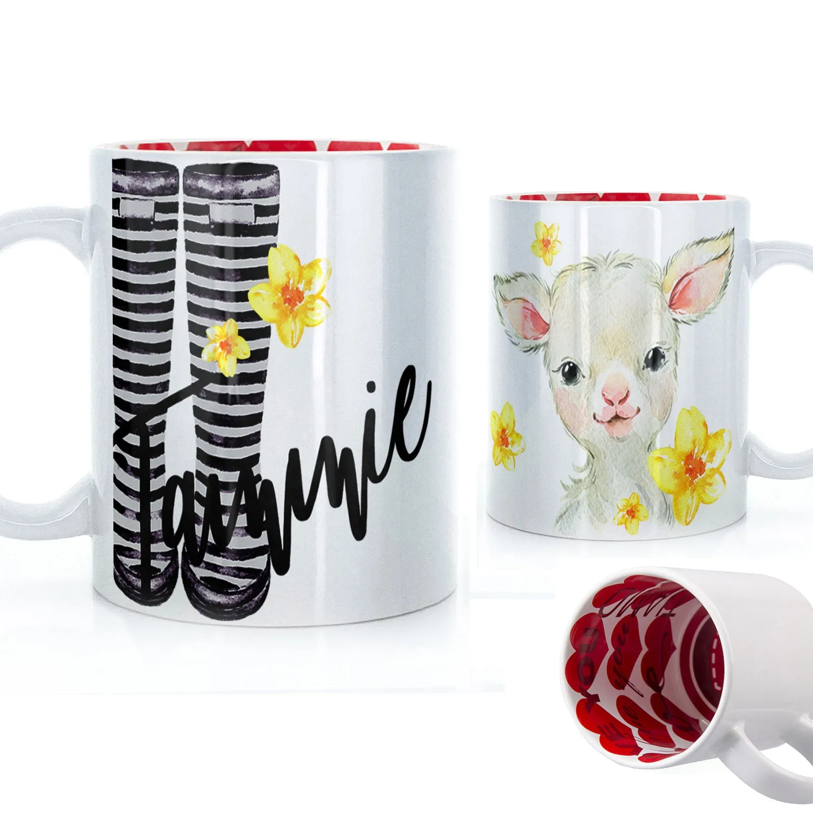 Personalised Mug with Stylish Text and Yellow Flower Lamb & Black Striped Wellies