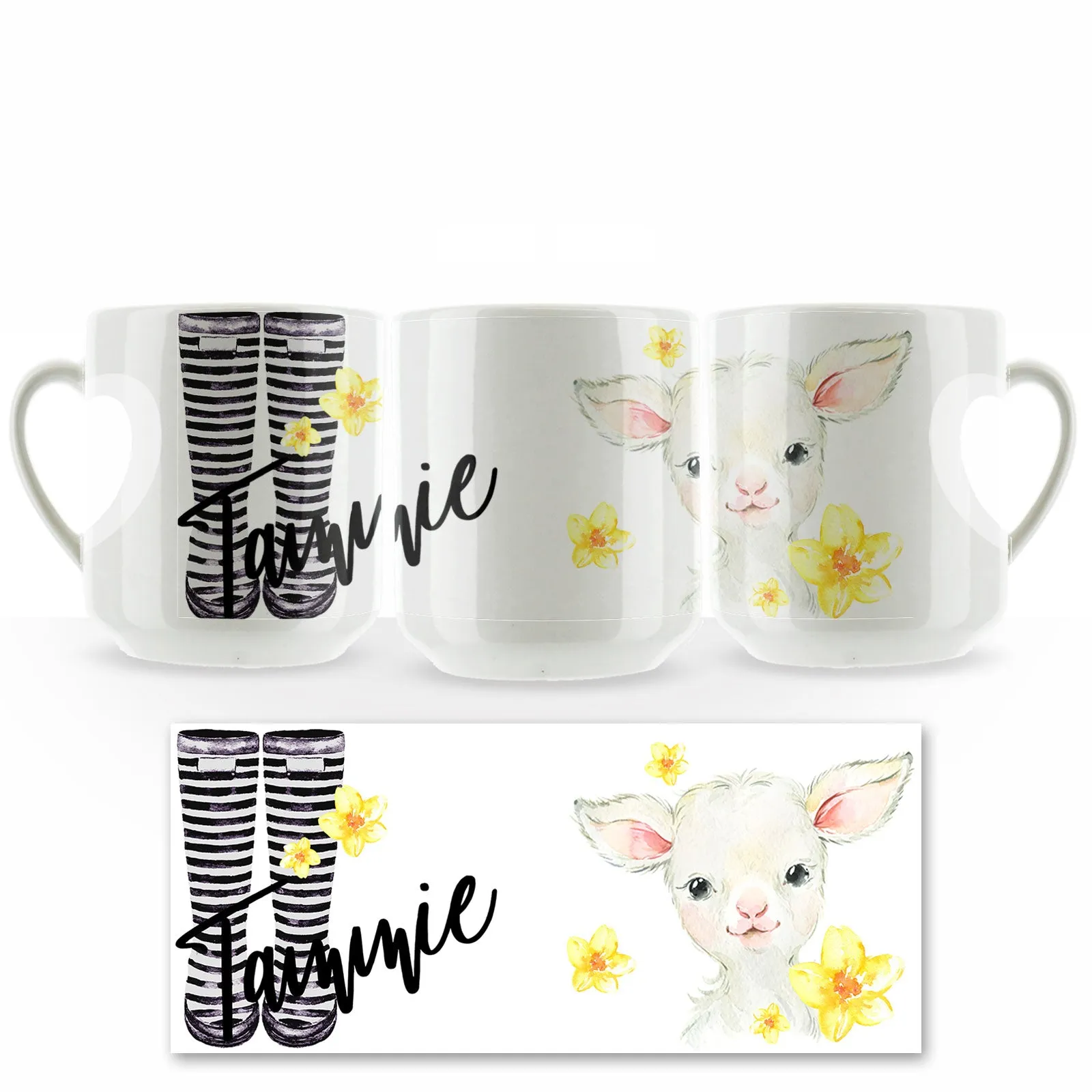 Personalised Mug with Stylish Text and Yellow Flower Lamb & Black Striped Wellies