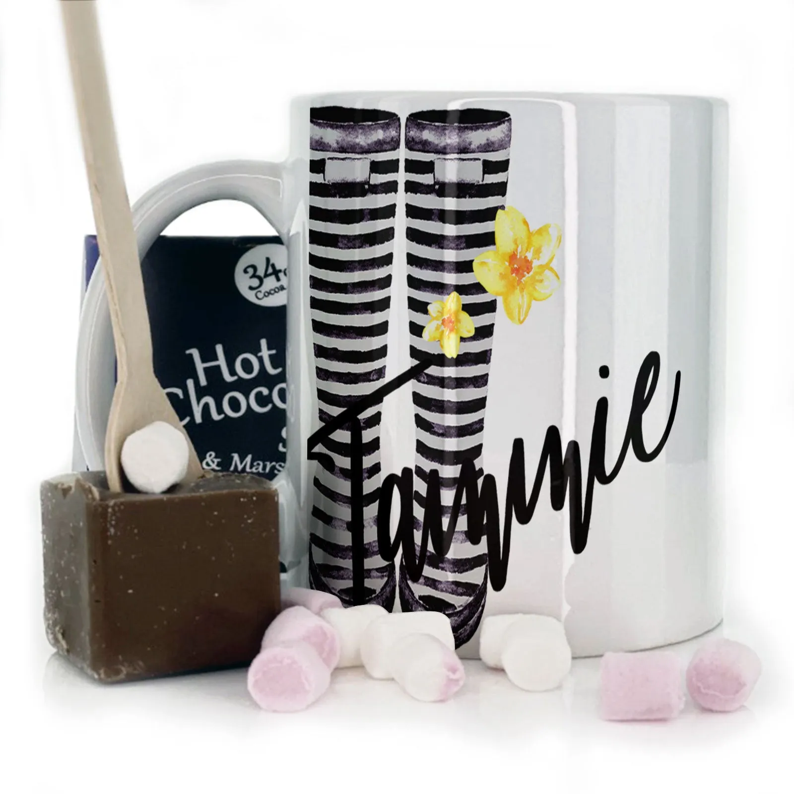 Personalised Mug with Stylish Text and Yellow Flower Lamb & Black Striped Wellies