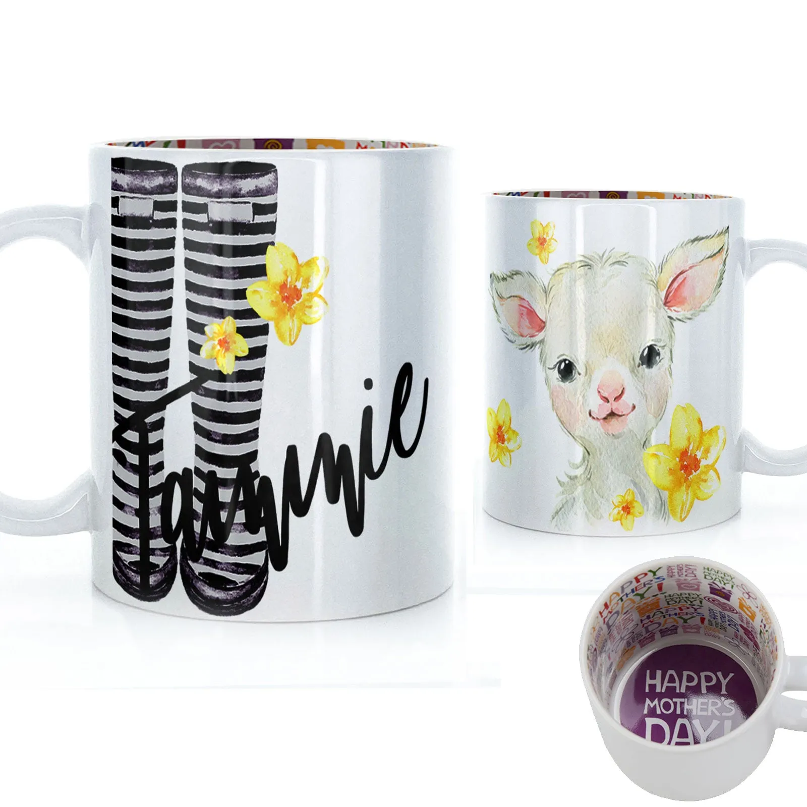 Personalised Mug with Stylish Text and Yellow Flower Lamb & Black Striped Wellies