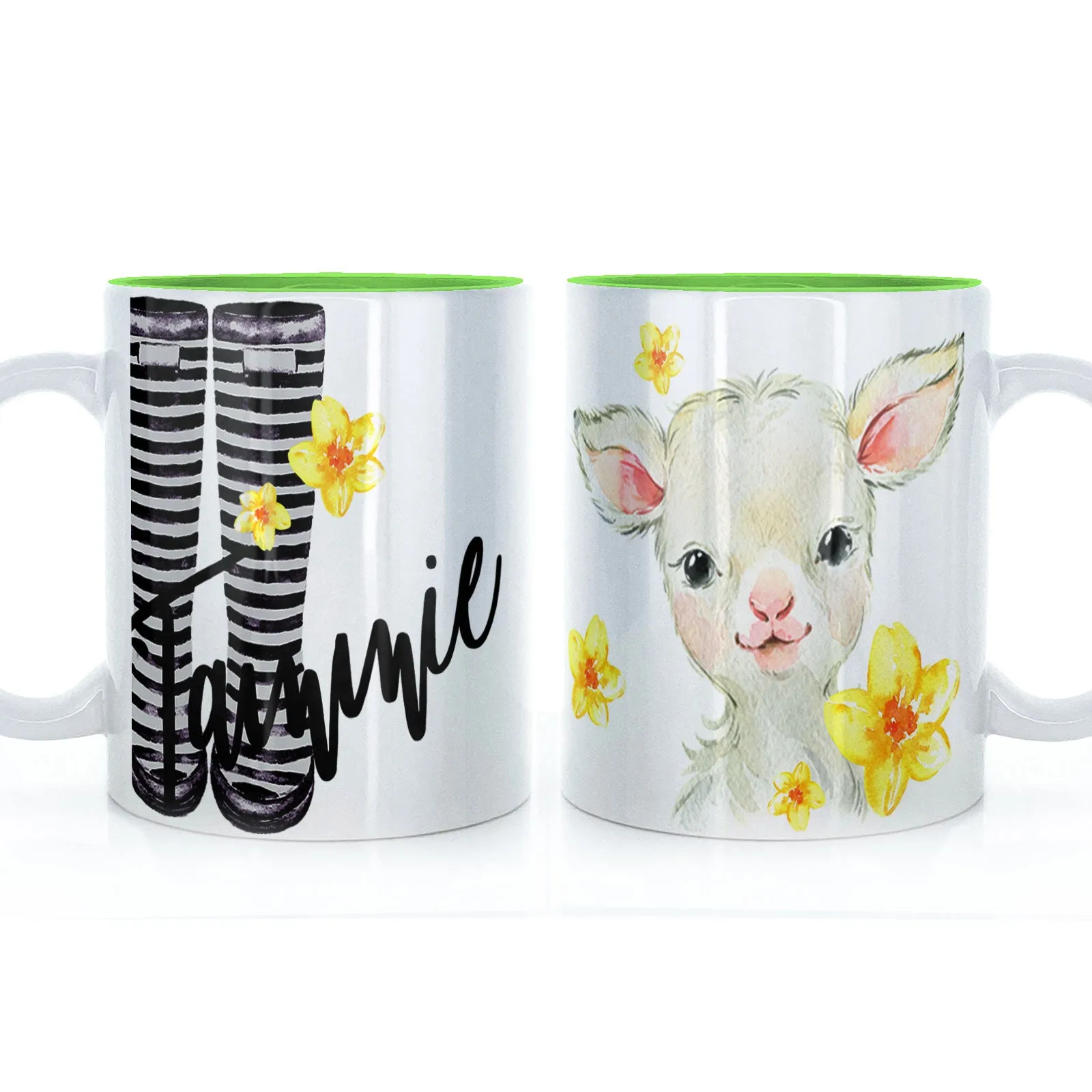 Personalised Mug with Stylish Text and Yellow Flower Lamb & Black Striped Wellies