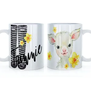Personalised Mug with Stylish Text and Yellow Flower Lamb & Black Striped Wellies