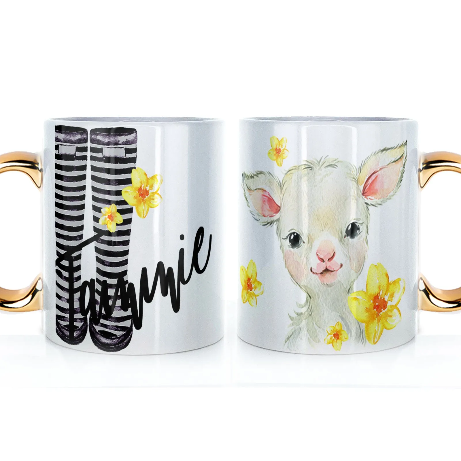 Personalised Mug with Stylish Text and Yellow Flower Lamb & Black Striped Wellies