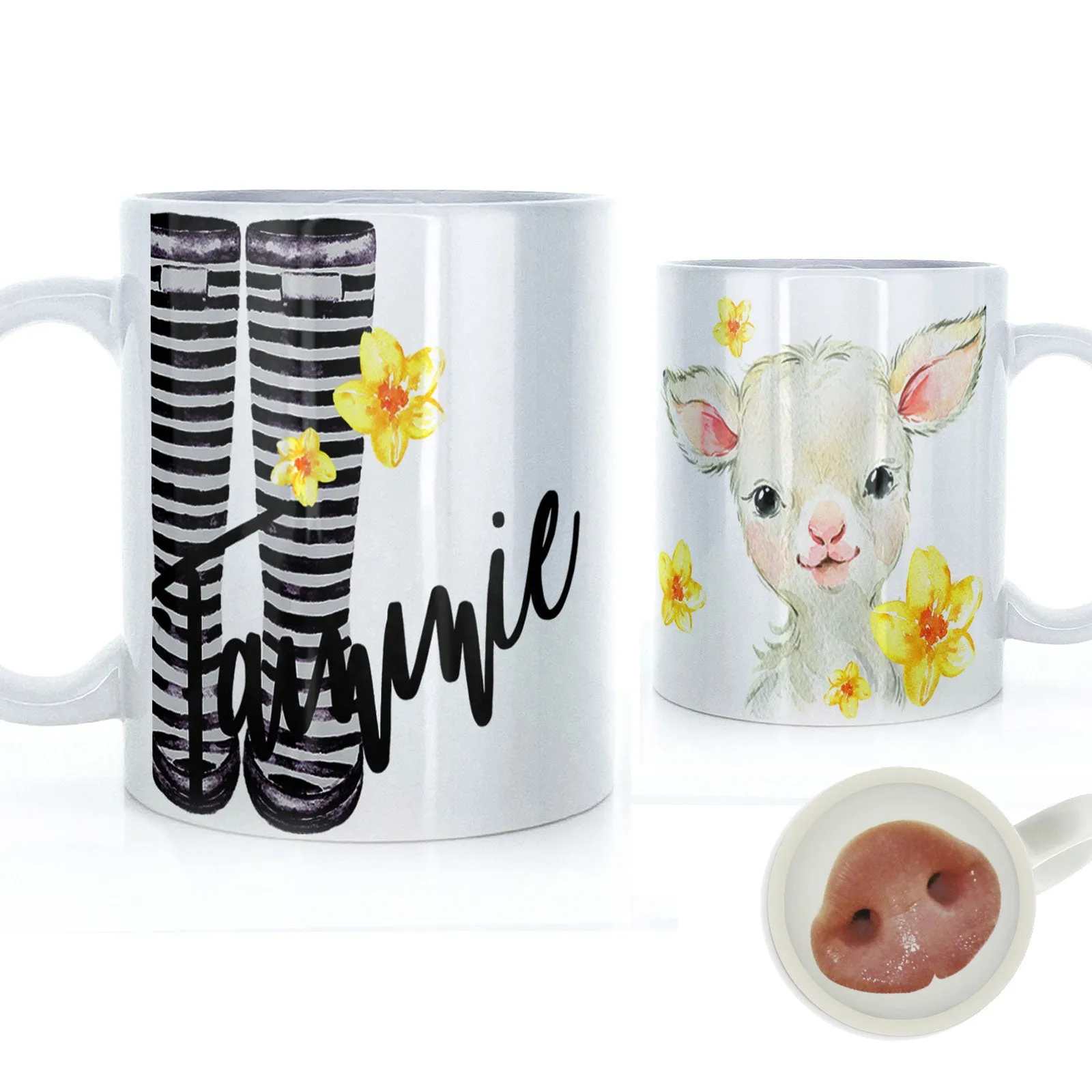 Personalised Mug with Stylish Text and Yellow Flower Lamb & Black Striped Wellies