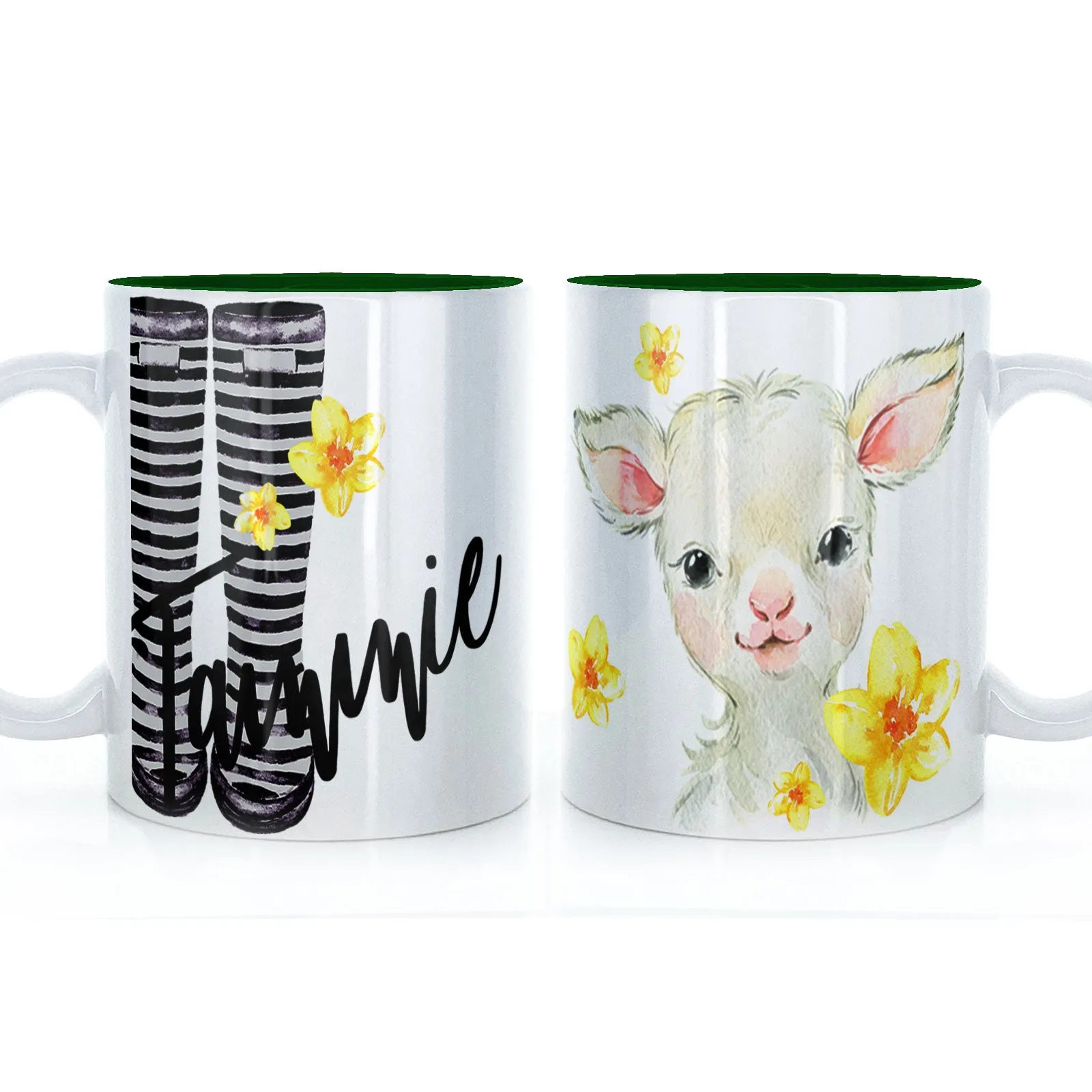 Personalised Mug with Stylish Text and Yellow Flower Lamb & Black Striped Wellies