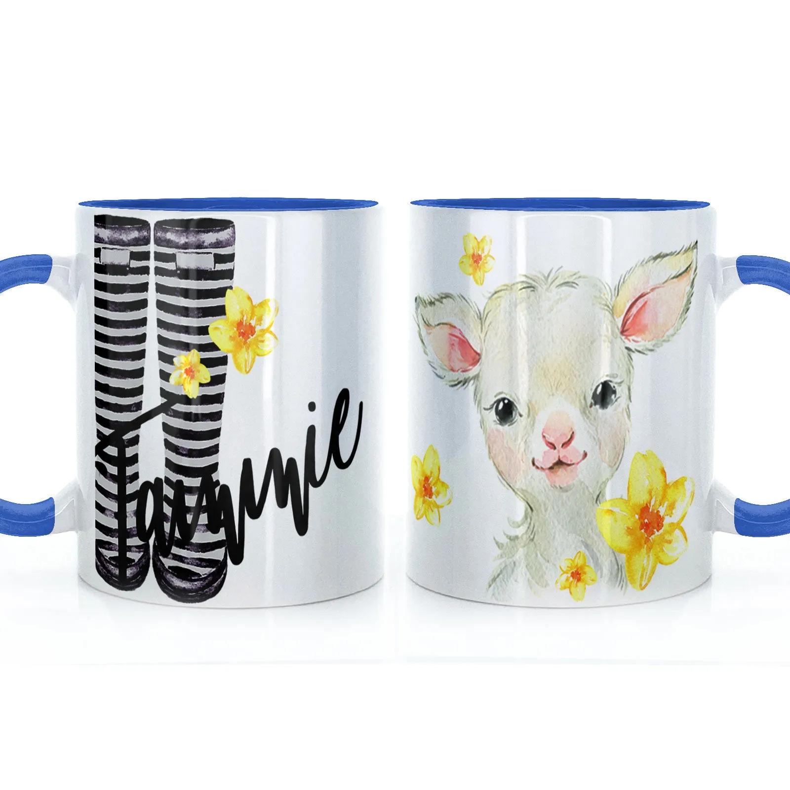 Personalised Mug with Stylish Text and Yellow Flower Lamb & Black Striped Wellies