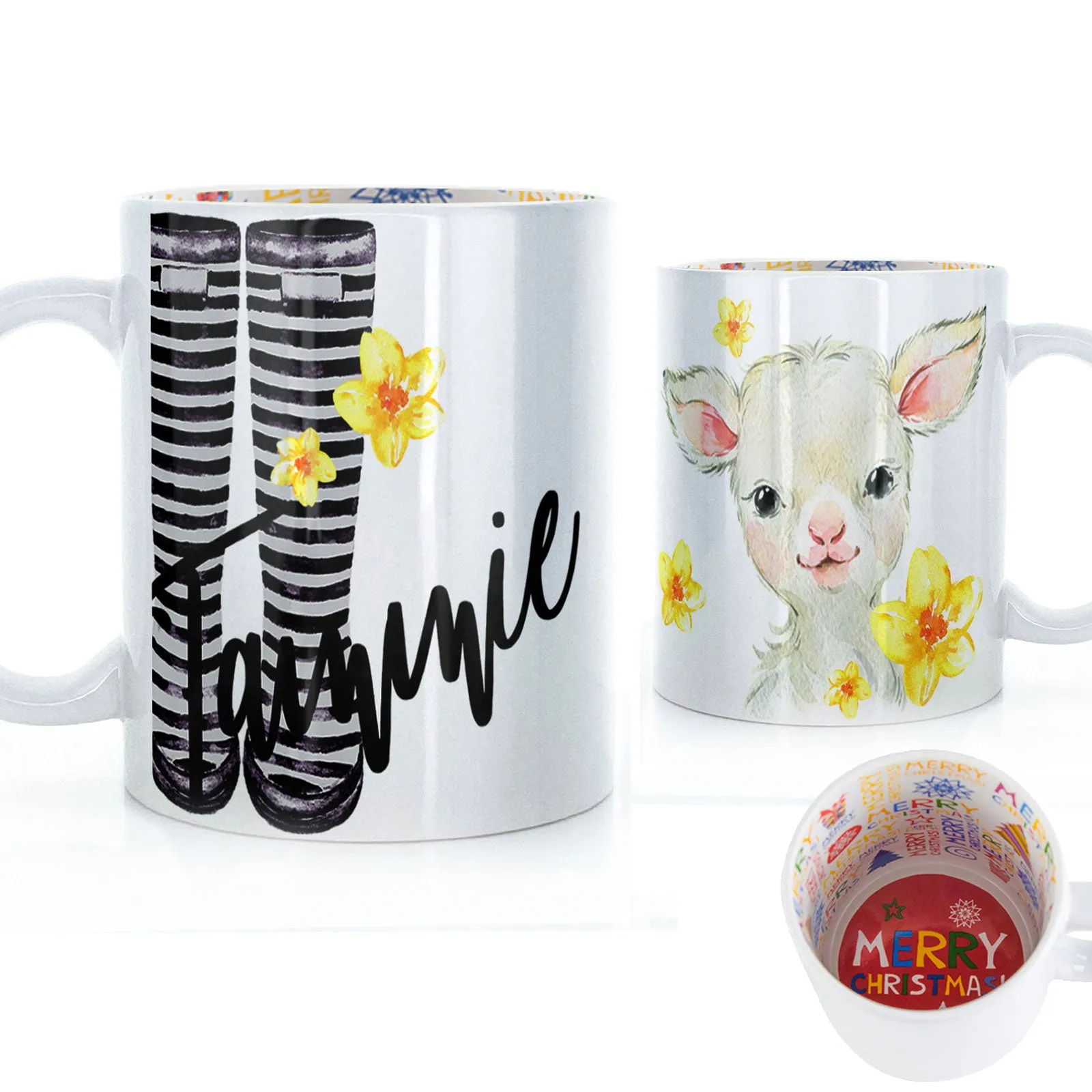 Personalised Mug with Stylish Text and Yellow Flower Lamb & Black Striped Wellies