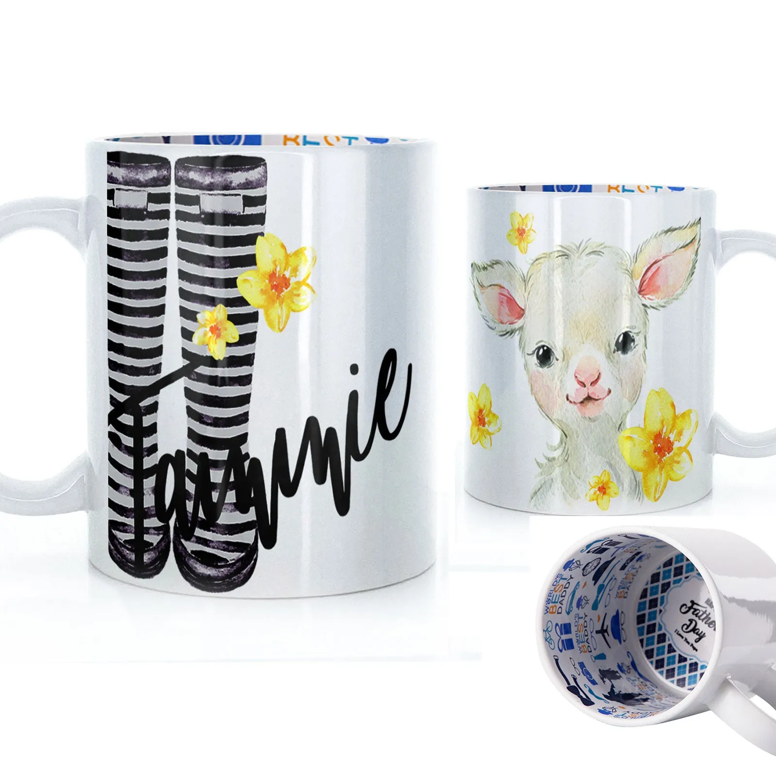 Personalised Mug with Stylish Text and Yellow Flower Lamb & Black Striped Wellies