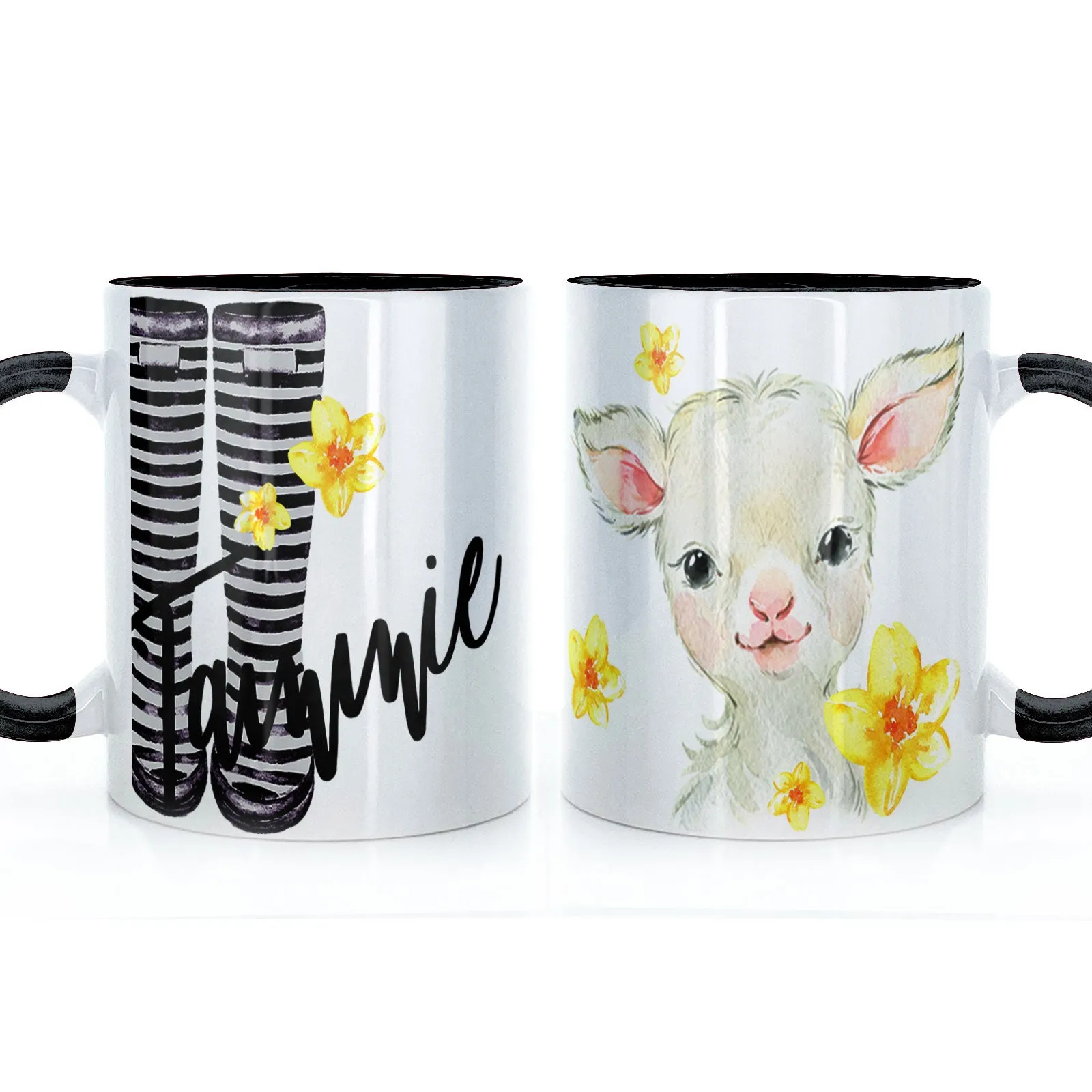 Personalised Mug with Stylish Text and Yellow Flower Lamb & Black Striped Wellies