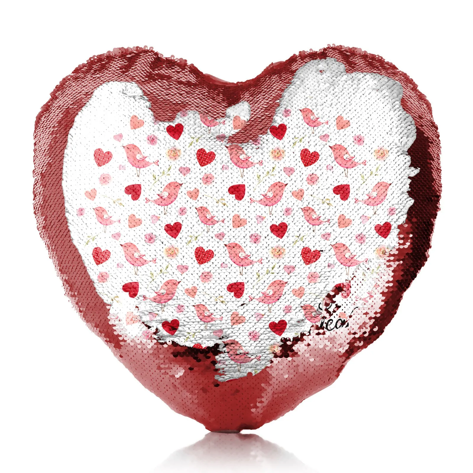 Personalised Sequin Heart Cushion with Stylish Text and Love Heart Birds Print