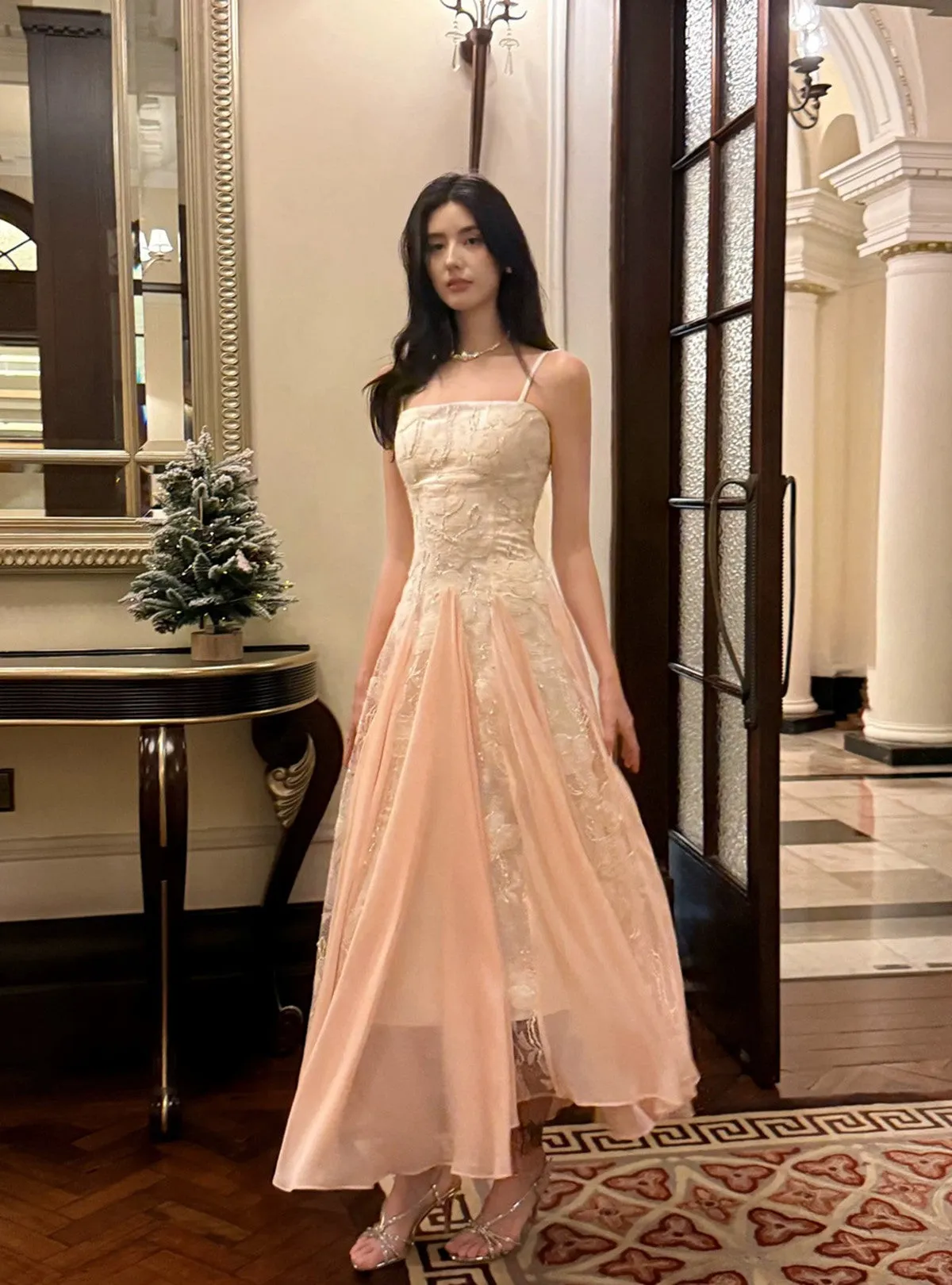 Pink Chiffon and White Lace Straps A-line Prom Dress, Long Chic Evening Dress Party Dress