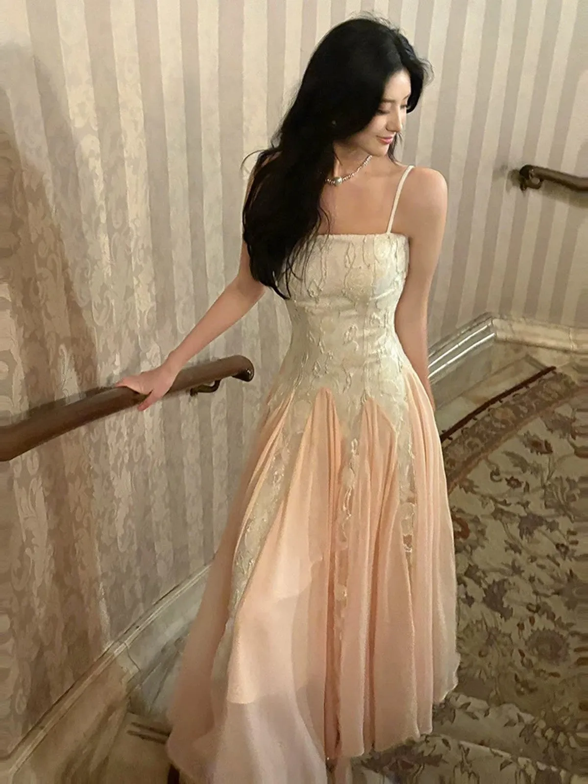 Pink Chiffon and White Lace Straps A-line Prom Dress, Long Chic Evening Dress Party Dress