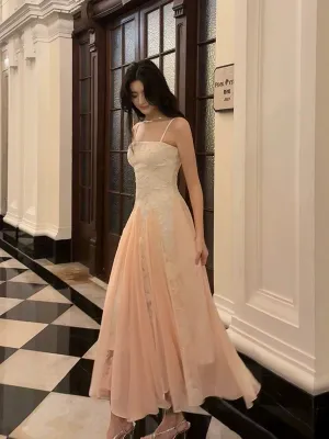 Pink Chiffon and White Lace Straps A-line Prom Dress, Long Chic Evening Dress Party Dress