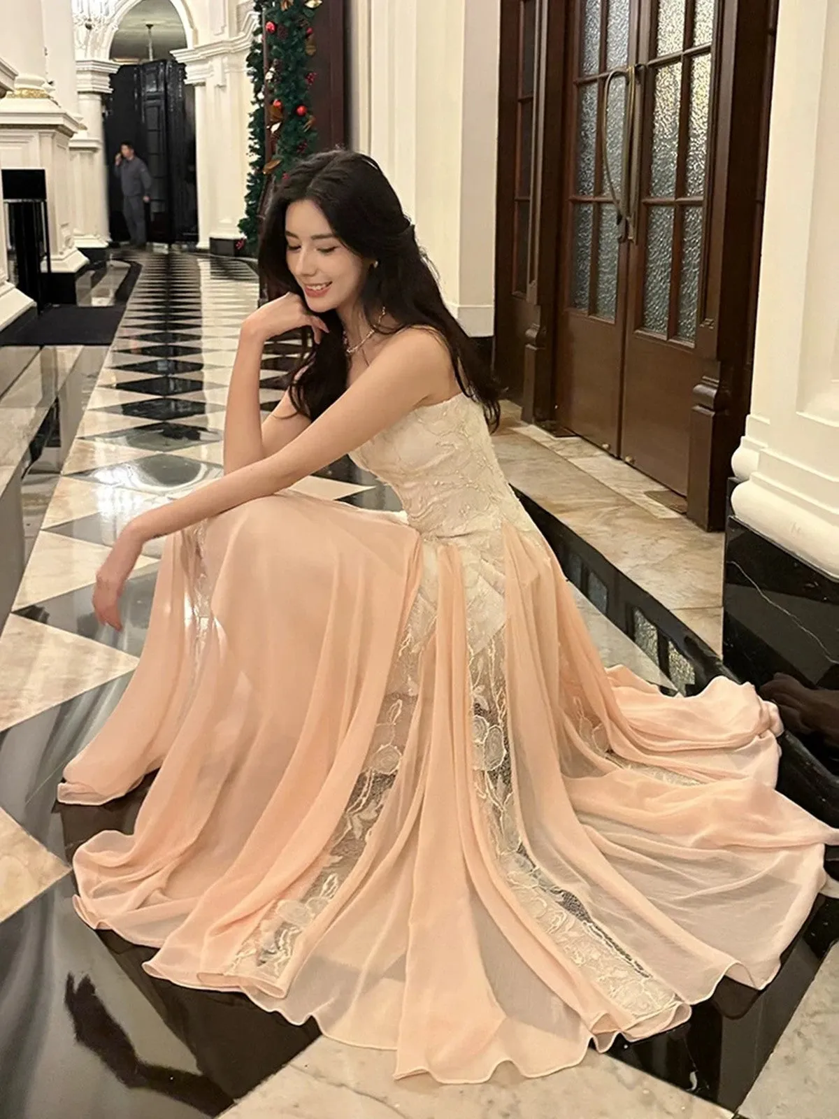 Pink Chiffon and White Lace Straps A-line Prom Dress, Long Chic Evening Dress Party Dress