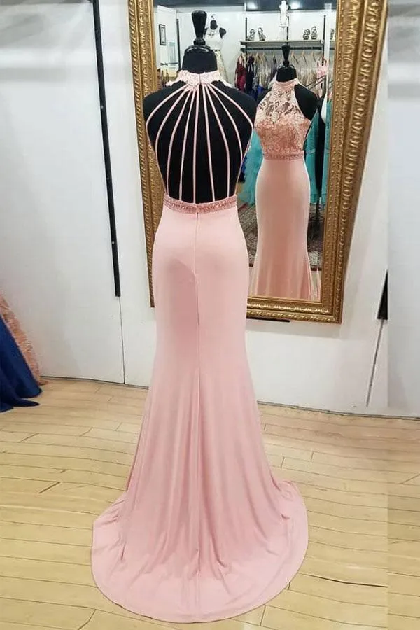 Pink Lace High neck Open Back Long Mermaid Prom Dress PSK018