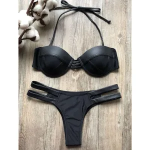 Plain Lace-Up Balconette Bikini Swimsuit