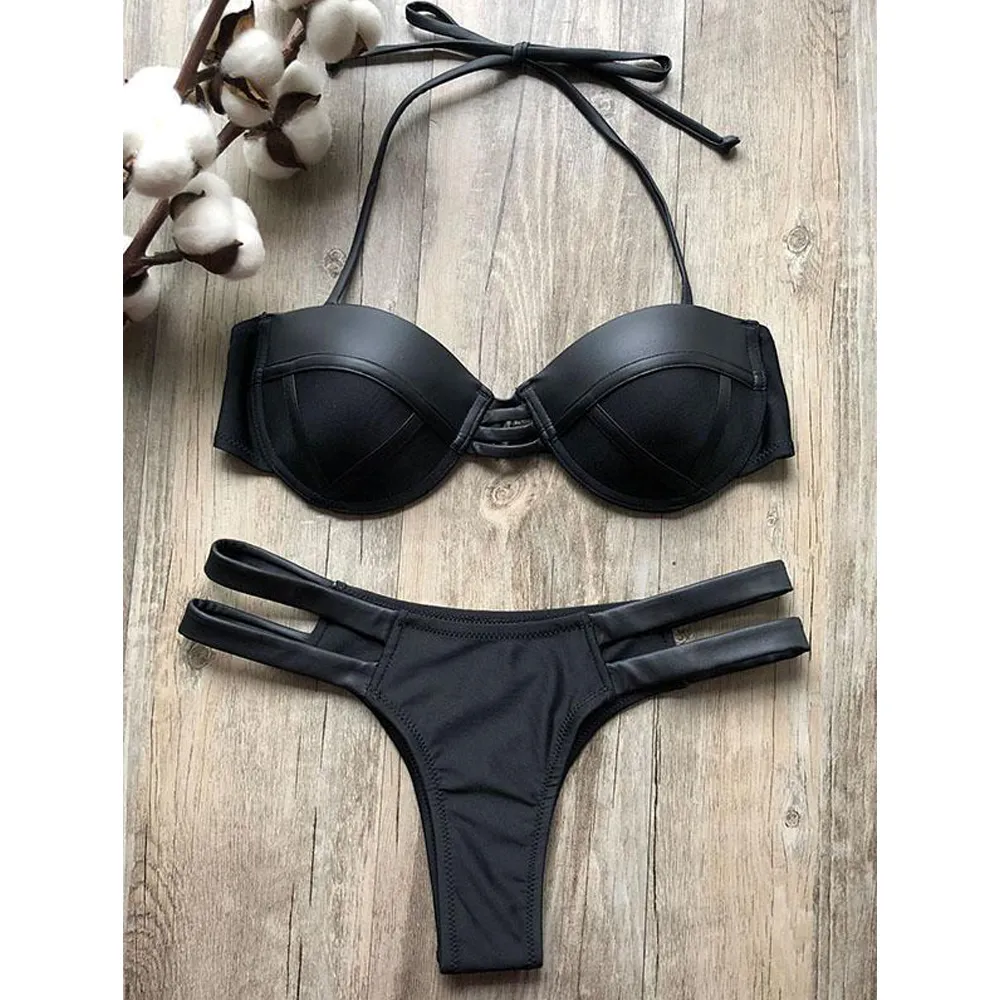 Plain Lace-Up Balconette Bikini Swimsuit