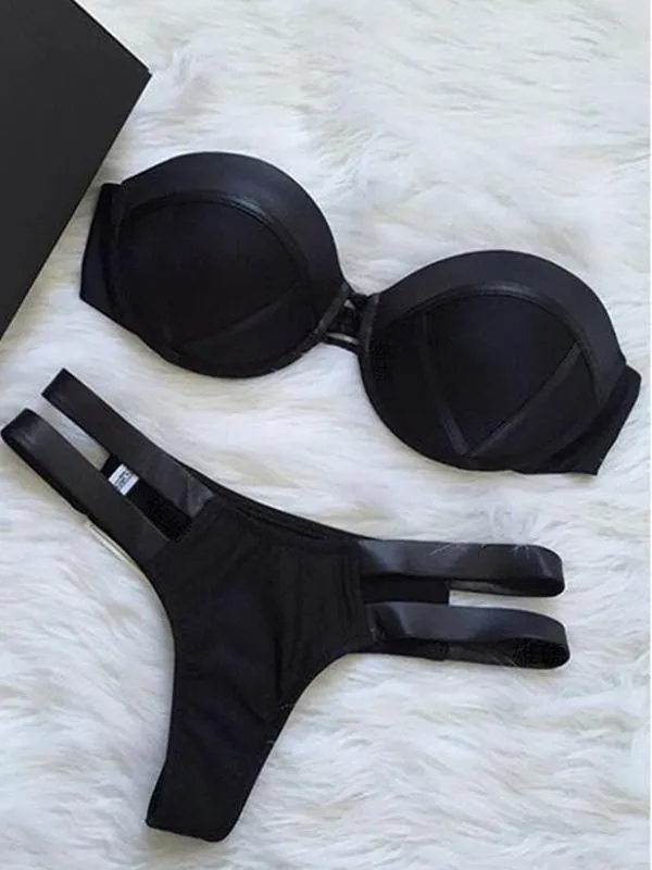 Plain Lace-Up Balconette Bikini Swimsuit