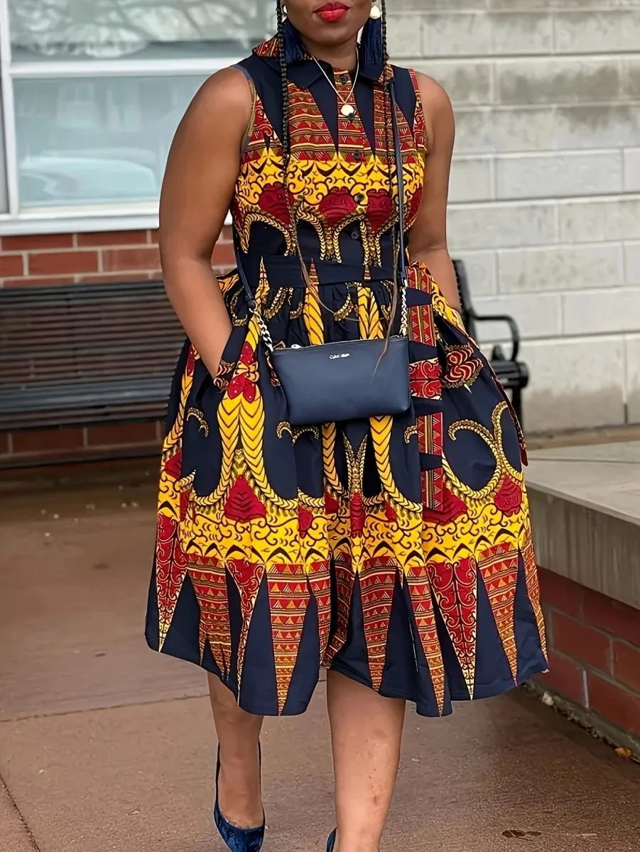 Plus Size Floral Print Button Front Tank Dress, Vacation Collared Sleeveless Dress For Spring & Summer, Women's Plus Size Clothing