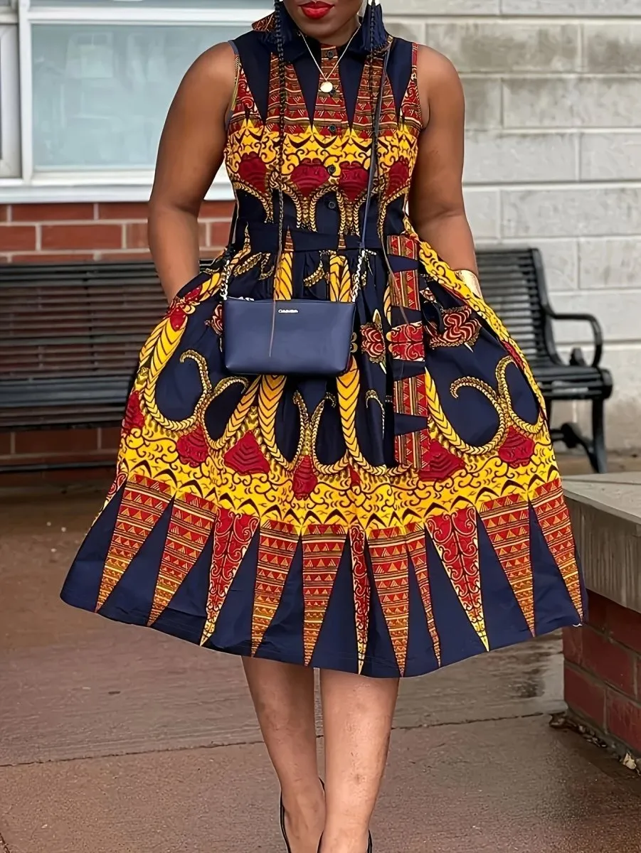Plus Size Floral Print Button Front Tank Dress, Vacation Collared Sleeveless Dress For Spring & Summer, Women's Plus Size Clothing