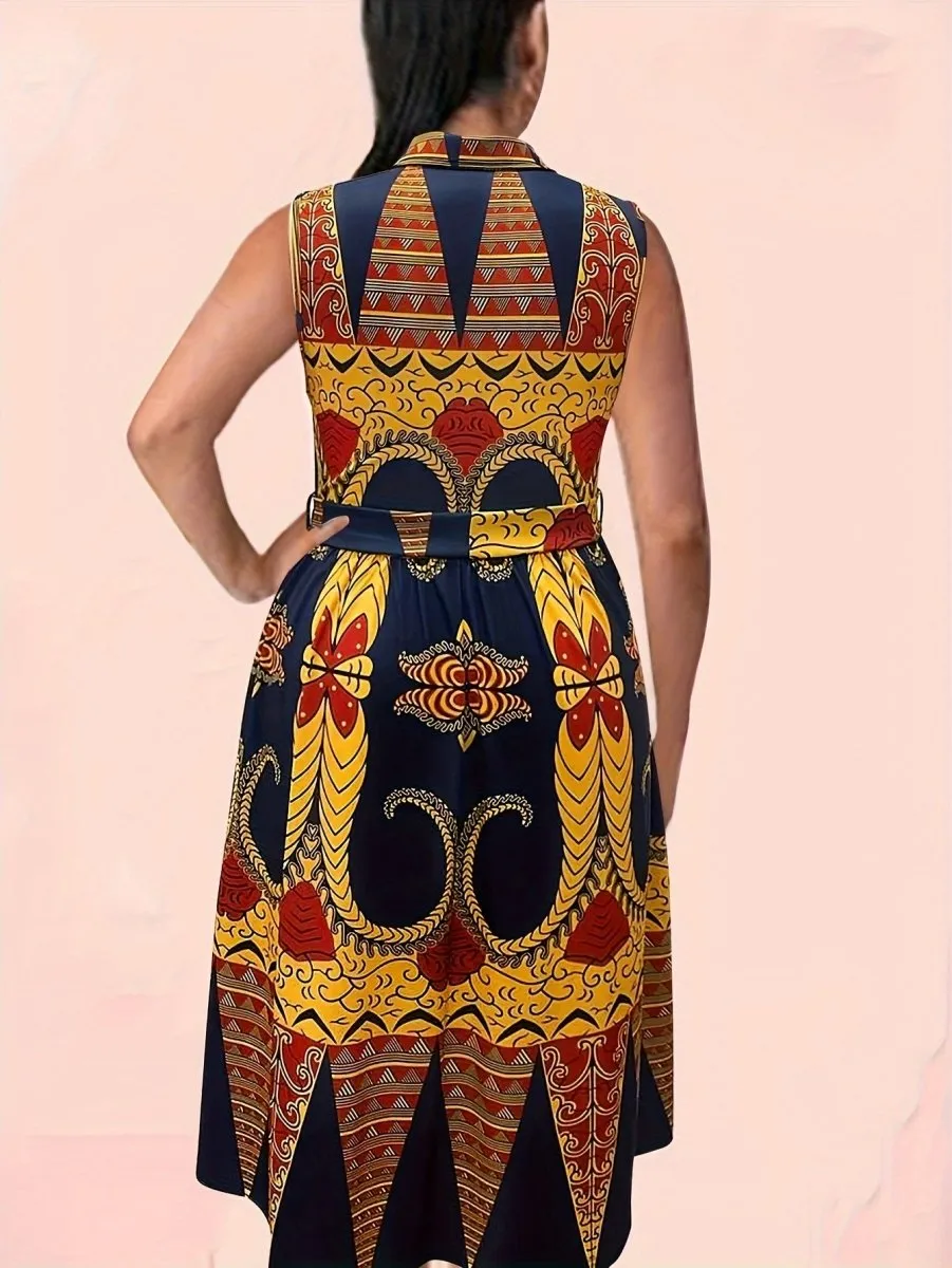 Plus Size Floral Print Button Front Tank Dress, Vacation Collared Sleeveless Dress For Spring & Summer, Women's Plus Size Clothing