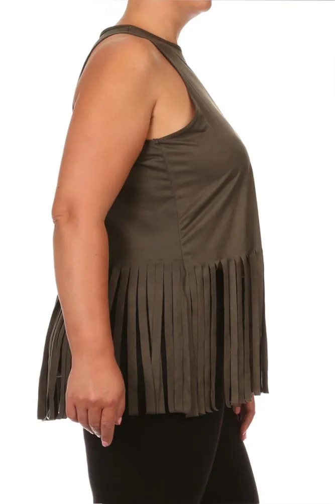 Plus Size Fringe Obsession Suede Olive Tank