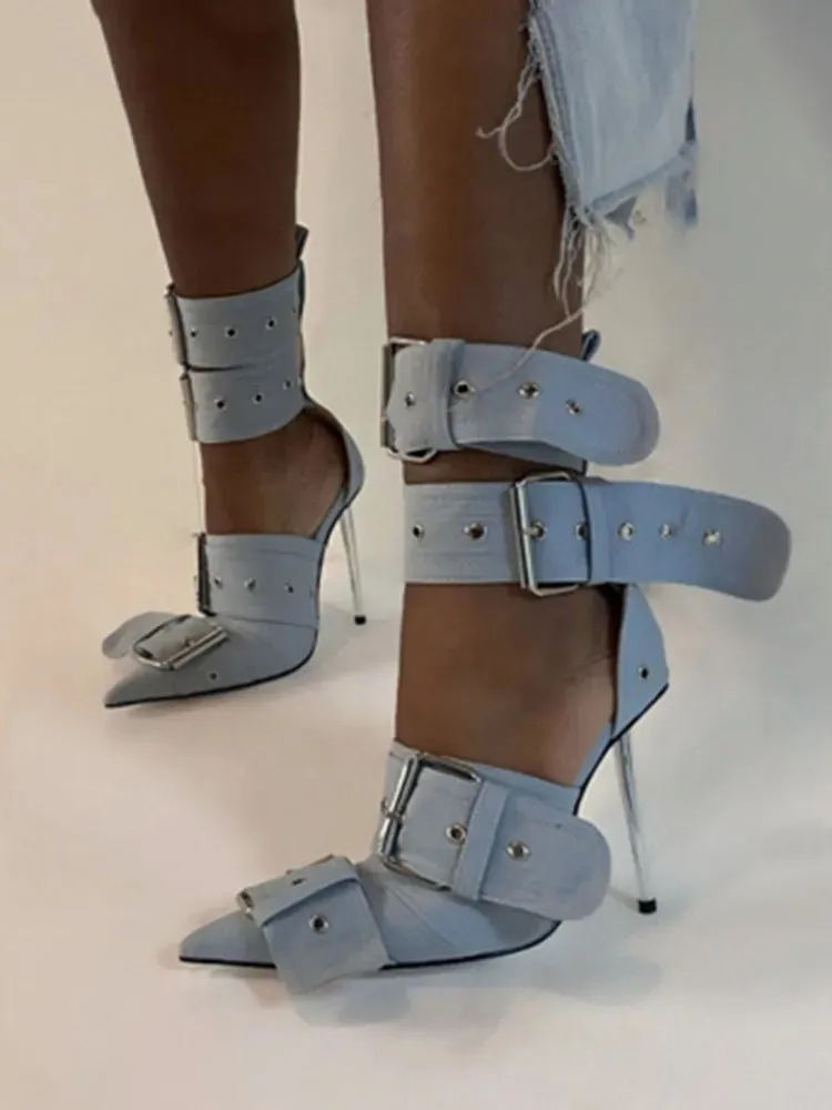 Pointed Buckle with Rivet Thin High Heel Over Knee Boots Sexy Women's 43 Large Boots