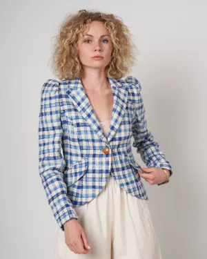 pouf sleeve one button blazer - blue sackcloth check