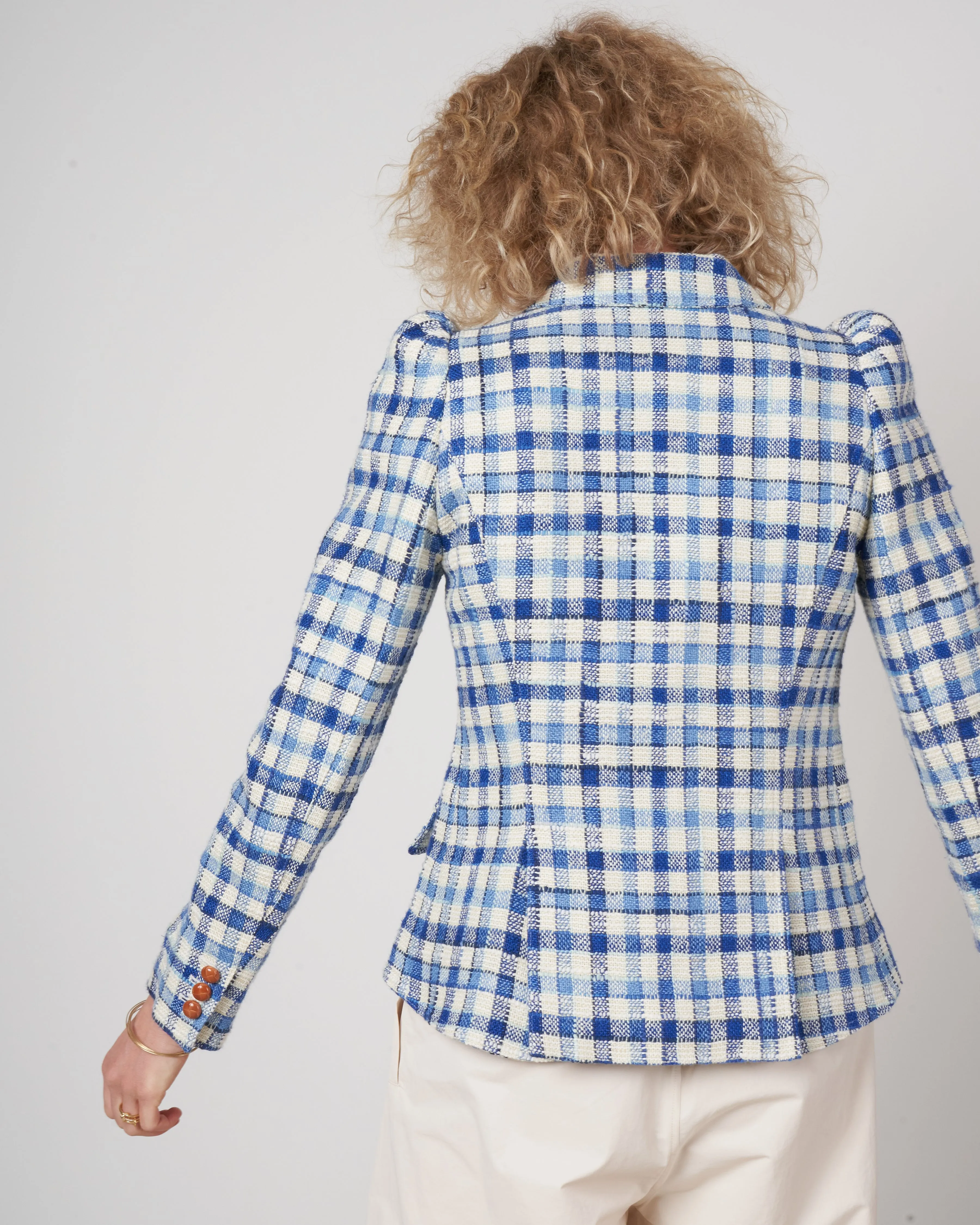 pouf sleeve one button blazer - blue sackcloth check