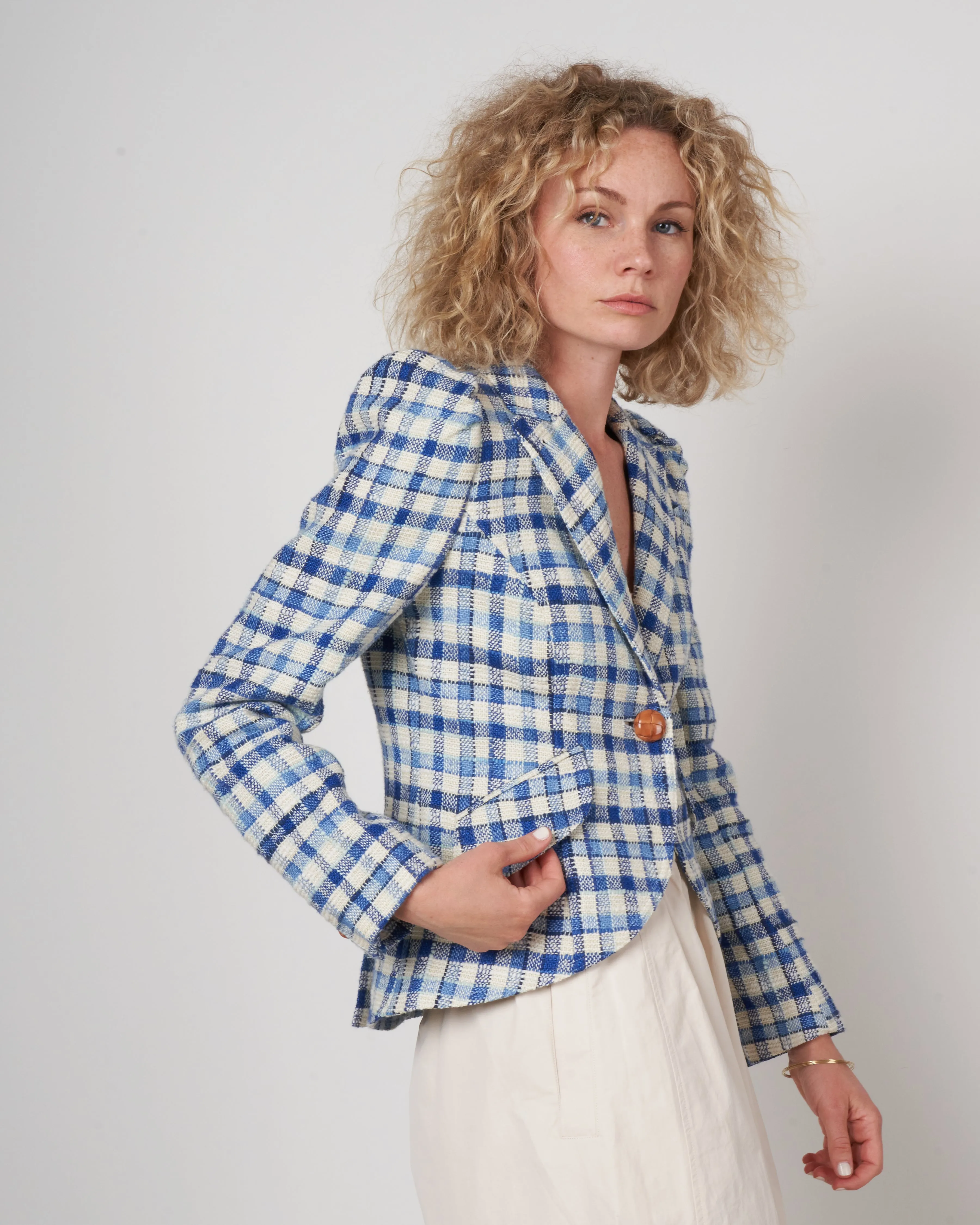 pouf sleeve one button blazer - blue sackcloth check
