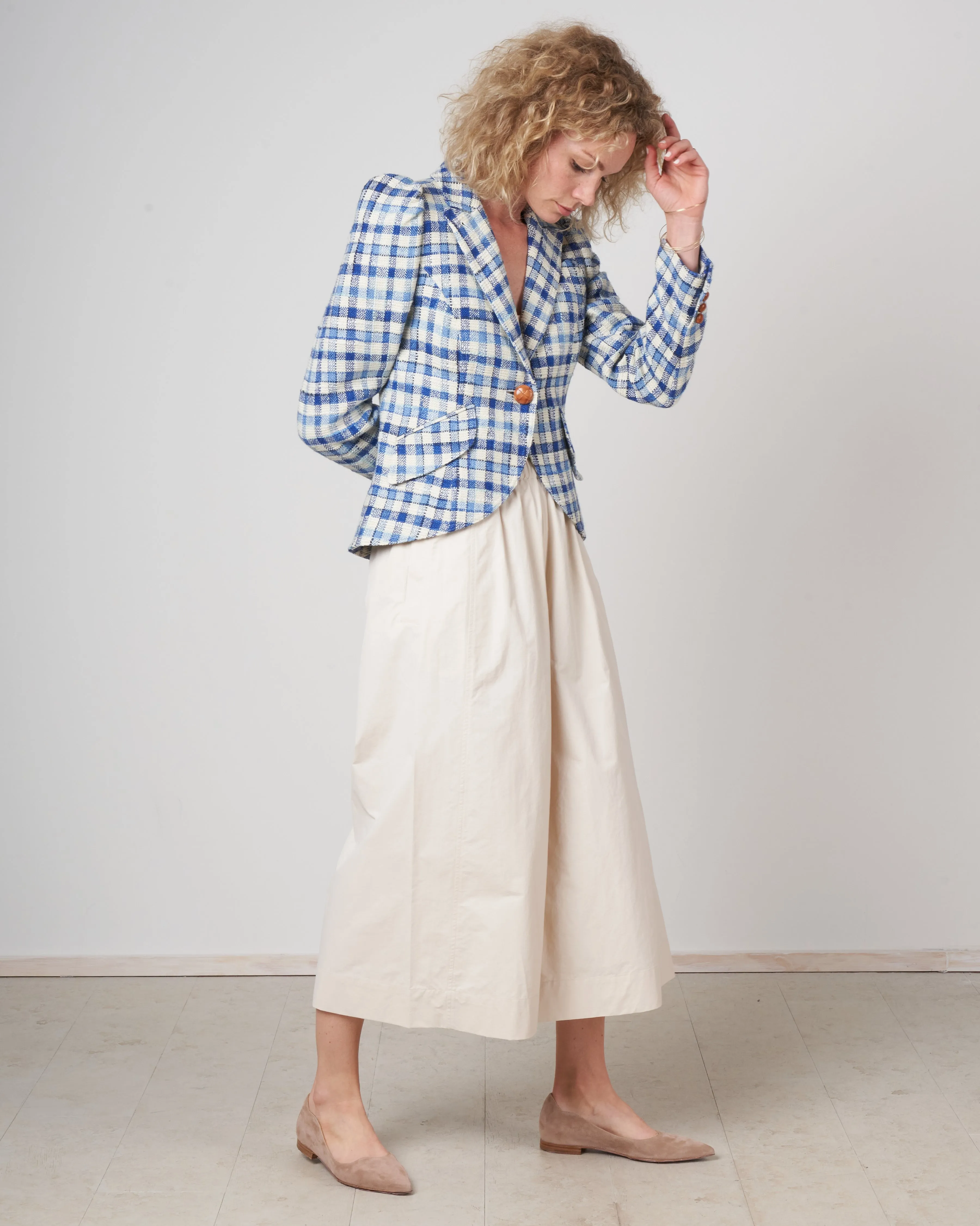 pouf sleeve one button blazer - blue sackcloth check