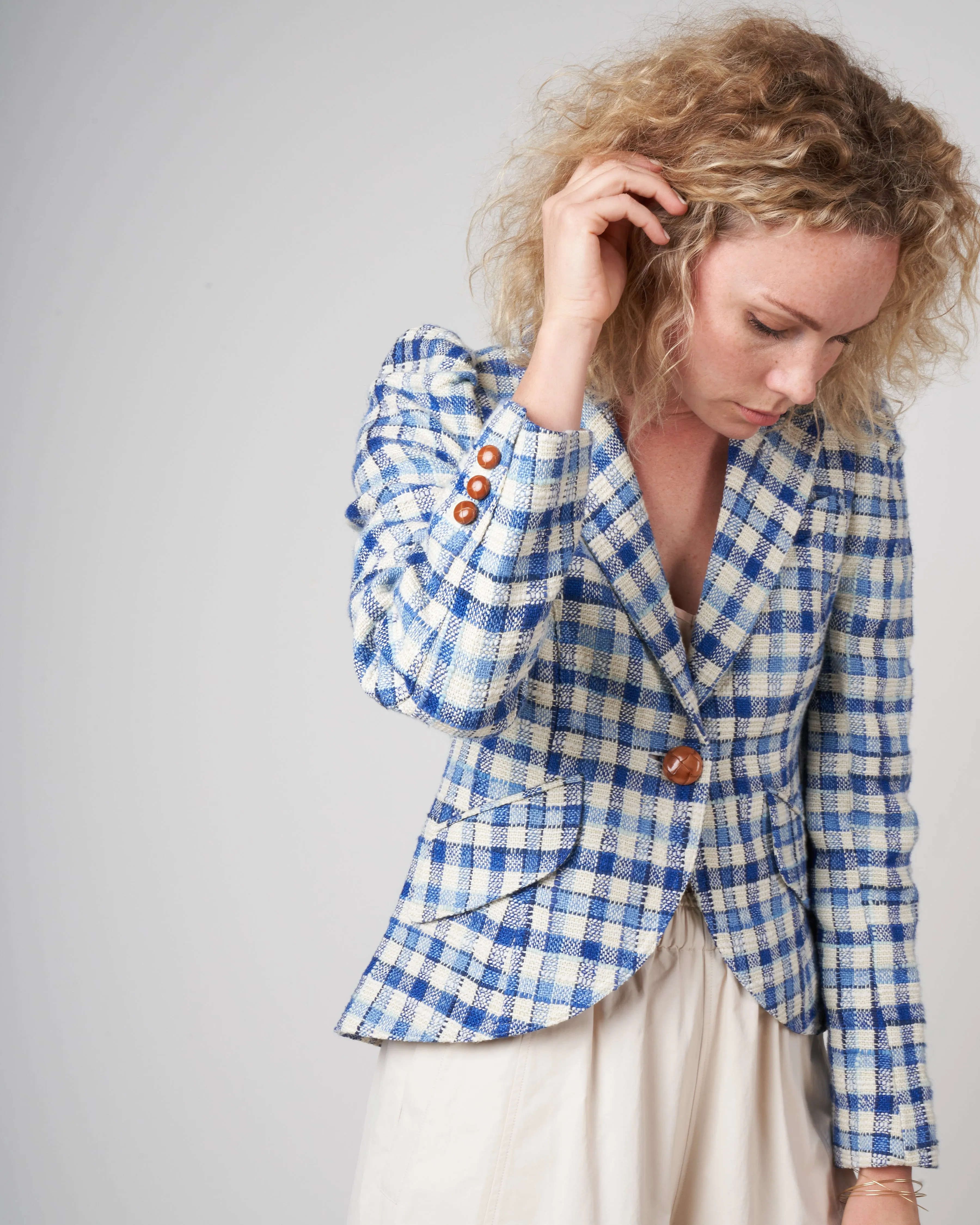 pouf sleeve one button blazer - blue sackcloth check