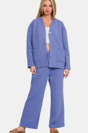 Purple Quilted Button Up Long Sleeve Top and Pants Lounge Set