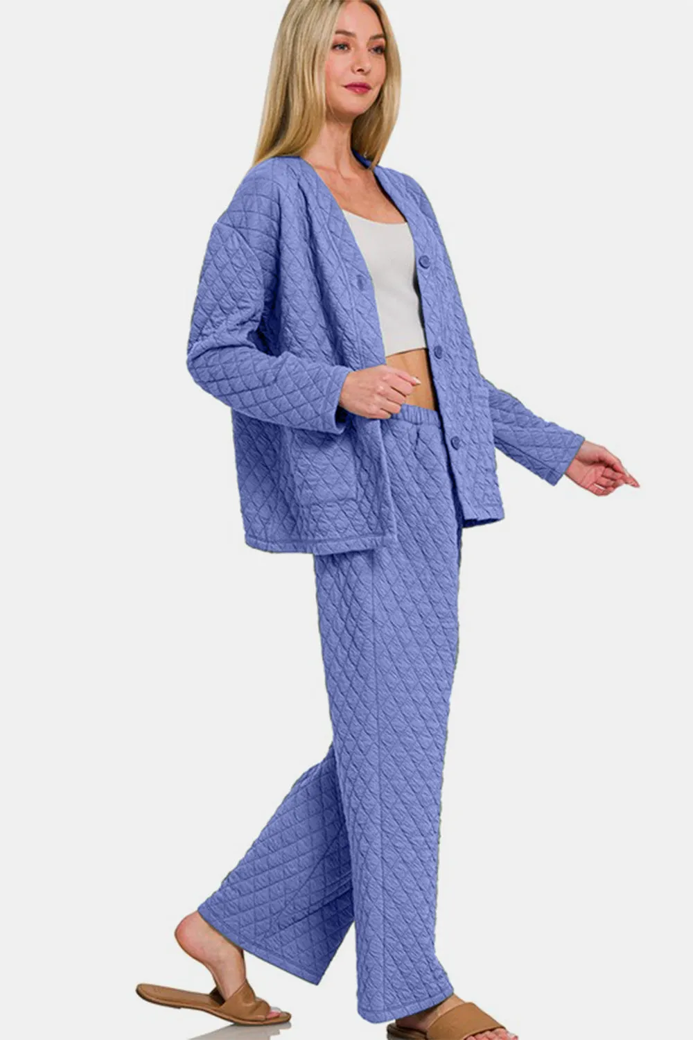 Purple Quilted Button Up Long Sleeve Top and Pants Lounge Set