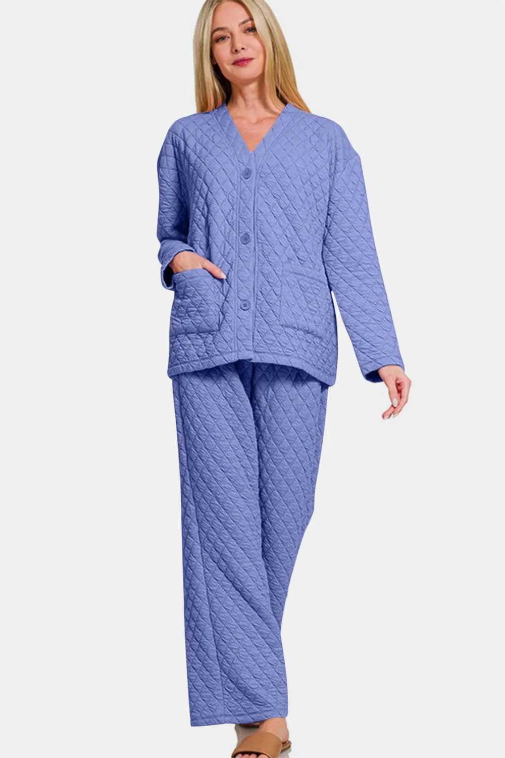 Purple Quilted Button Up Long Sleeve Top and Pants Lounge Set