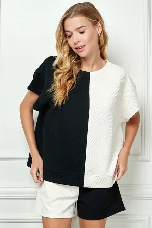 Raelynn Textured Short Sleeve Top in Black and Cream