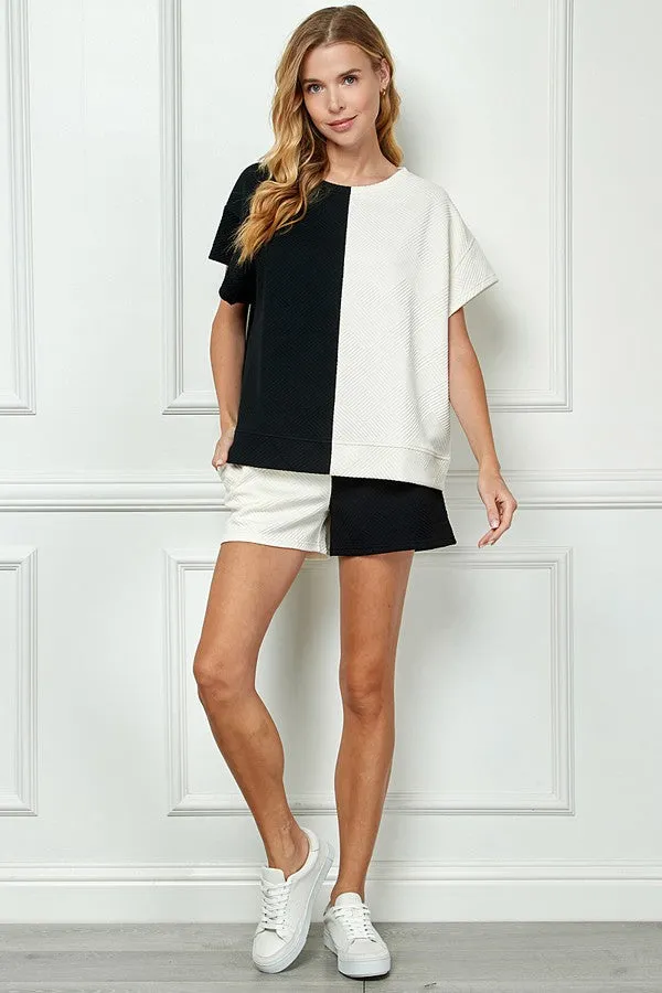 Raelynn Textured Short Sleeve Top in Black and Cream