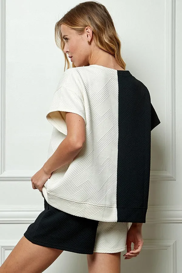 Raelynn Textured Short Sleeve Top in Black and Cream
