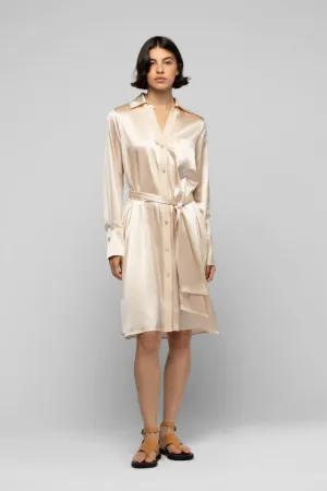 RAESA SILK SHIRT DRESS WITH LEATHER DETAIL - BEIGE