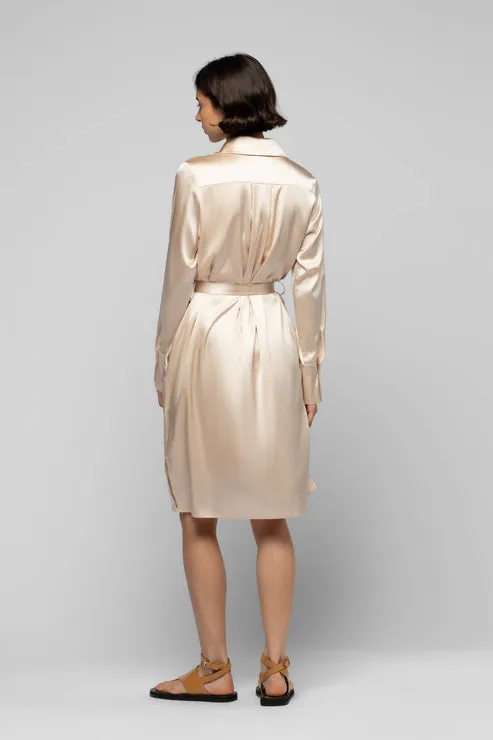 RAESA SILK SHIRT DRESS WITH LEATHER DETAIL - BEIGE
