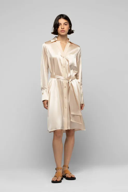 RAESA SILK SHIRT DRESS WITH LEATHER DETAIL - BEIGE